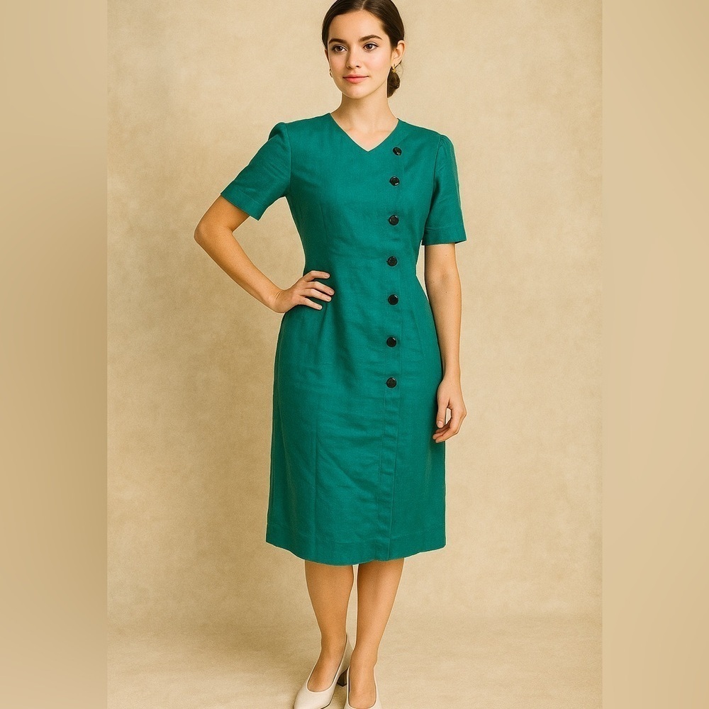 Vintage 80's Liz Claiborne Teal 100% Linen Sheath Style Button Front Dress 10P